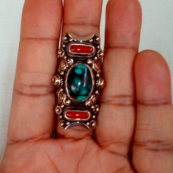 Sterling Silver Turquoise and Red Coral Ring:Size (10).Unisex